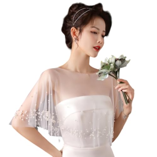 Whakano Damen Umhang Perlen Umschlagtücher Hochzeit Braut Schal Ärmellos Schultertuch,Brautkleid Sommer,Tüll Umhang Shawl Stola für Abendkleid,Party,Cocktaikleid,Hochzeit Accessoires,Weiß,C von Whakano