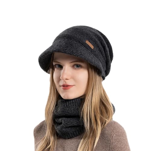 Whakano Winter Warm Basken Mütze Strick Schal Set,Damen Strickmütze Loop Schal,Mütze mit Visier Strickschal mit Fleecefutter,Wintermütze Strickmütze Set für Schule,Arbeit,Skifahren,Camping,Schwarz von Whakano