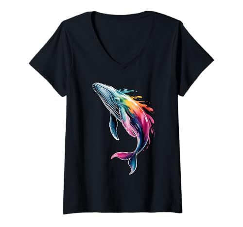 Damen Bunte Wal-Poster-Stil, Farbspritzer, Kunstgrafik T-Shirt mit V-Ausschnitt Damen Bunte Wal-Poster-Stil, Farbspritzer, Kunstgrafik T-Shirt mit V-Ausschnitt von Whale Lover Apparel & Arts