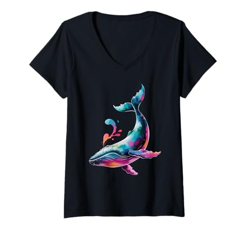 Damen Wal-Poster-Stil, Bunte Farbspritzer, Kunstgrafik T-Shirt mit V-Ausschnitt Damen Wal-Poster-Stil, Bunte Farbspritzer, Kunstgrafik T-Shirt mit V-Ausschnitt von Whale Lover Apparel & Arts