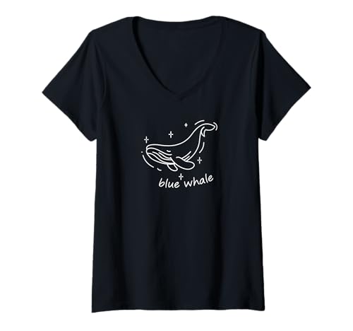 Damen Minimalistische Blauwal-Linienkunst T-Shirt mit V-Ausschnitt Damen Minimalistische Blauwal-Linienkunst T-Shirt mit V-Ausschnitt von Whale Project Shop