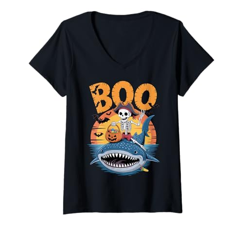 Damen Gruseliges Walhai Kostüm auf Boo-Wal Hai Halloween T-Shirt mit V-Ausschnitt Damen Gruseliges Walhai Kostüm auf Boo-Wal Hai Halloween T-Shirt mit V-Ausschnitt von Whale Shark Halloween kids, women, men