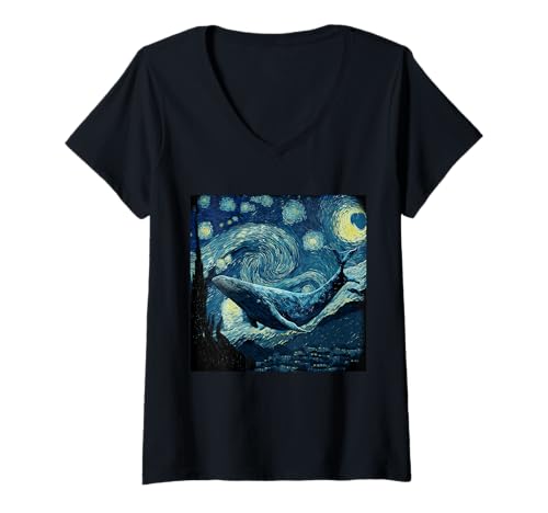 Damen Buckelwal Van Gogh Sternennacht T-Shirt mit V-Ausschnitt Damen Buckelwal Van Gogh Sternennacht T-Shirt mit V-Ausschnitt von Whale Van Gogh Design