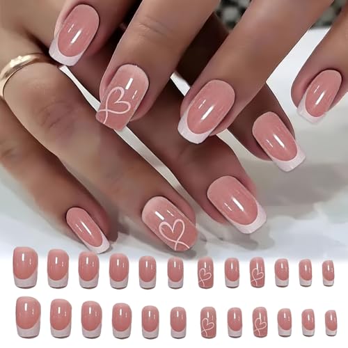 WhaleO 24 Stück Press On Nails, Nägel zum Aufkleben Nails zum Aufkleben Fingernägel zum Aufkleben Selbstklebende Nägel Mit Nagel Klebepads für Frauen Mädchen - Rosa Herz von WhaleO
