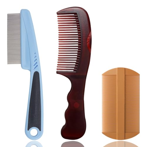 WhaleO 3 Stück Schuppenkamm Schorfkamm Erwachsene Edelstahl Läusekamm mit Silikongriff Lice Comb Flohkamm Dandruff Comb Stielkamm Geburtskamm für Frauen, Männer Kinder und Haustier von WhaleO