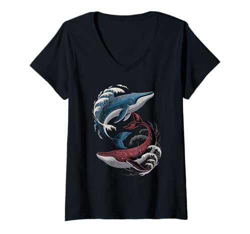 Damen Japanische Kunst Buckelwal Gut Und Böse T-Shirt mit V-Ausschnitt Damen Japanische Kunst Buckelwal Gut Und Böse T-Shirt mit V-Ausschnitt von Whales Lover Gifts