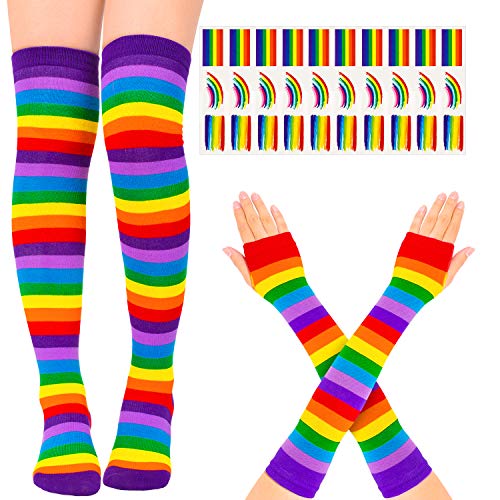 Whaline Dicke Kniestrümpfe in Regenbogenfarben, gestreift, Armwärmer, Handschuhe mit 30 Stück Gay-Pride-Tattoos für Frauen und Mädchen, Cosplay, Party, Zubehör, Parade, Dekoration, Größe M von Whaline