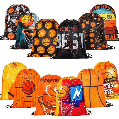 Whaline Große Basketball-Tasche mit Kordelzug, für Sport, Party, Gastgeschenk, Süßigkeiten, Leckerli-Tasche, Basketball-Druck, Rucksack, Kordelzug, 43.2x33.3 cm, Orange/Schwarz von Whaline