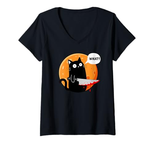 Damen Schwarze Katze mit Messer What Cats Wortspiel Lustig Halloween Mond T-Shirt mit V-Ausschnitt Damen Schwarze Katze mit Messer What Cats Wortspiel Lustig Halloween Mond T-Shirt mit V-Ausschnitt von What ? Cat Funny Design