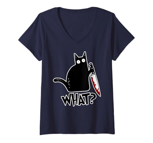 Damen Cat What? Lustige Schwarze Katze Mörderische Katze mit Messer T-Shirt mit V-Ausschnitt Damen Cat What? Lustige Schwarze Katze Mörderische Katze mit Messer T-Shirt mit V-Ausschnitt von What? Cat Knife Apparel Co.