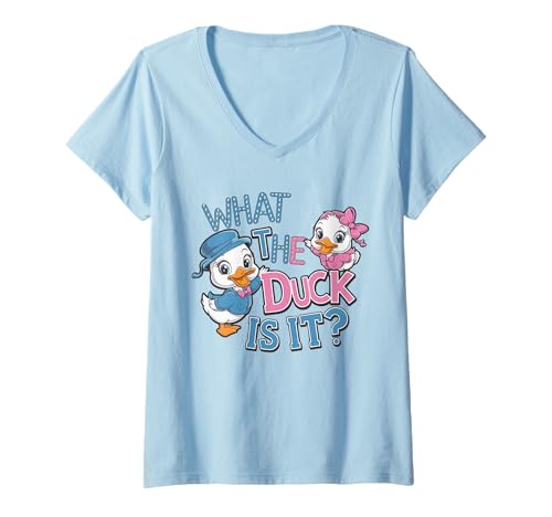 Damen was ist das für eine Ente? Gender Reveal Baby Shower Party T-Shirt mit V-Ausschnitt von What the Duck Gender Reveal Apparel