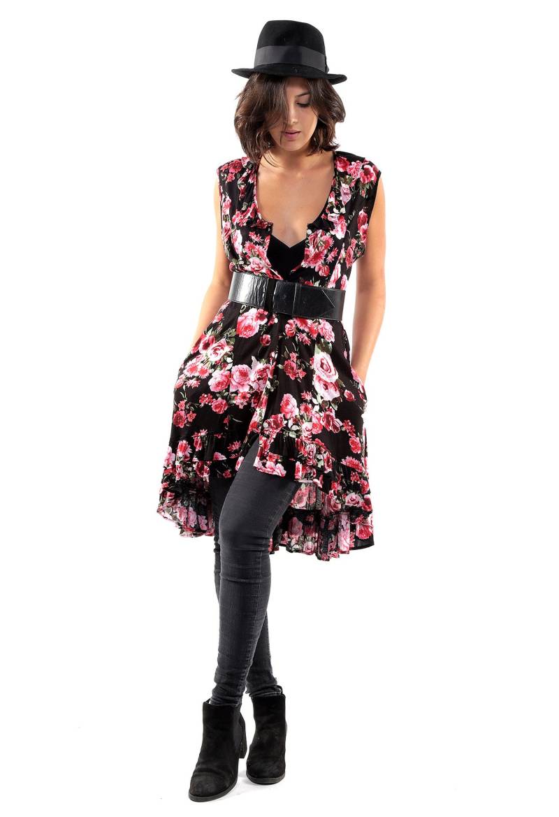 Isabella Schwarzes Blumenwestenkleid/Button Down Taschen Nur Zwei Verfügbar von WhatWouldSusieWear