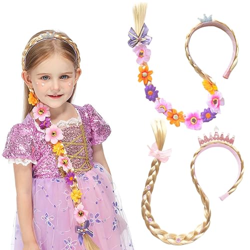 2 Stück Haarreif Prinzessin Zopf, Haarreifen Mädchen, Geflochtene Prinzessin Perücken, Dress Up Zubehör Mädchen Perücke Prinzessin Perücke Zopf für Geburtstag Party Cosplay (Violett) von Whcctl