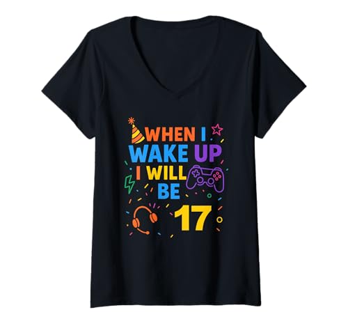 Damen Wenn ich aufwache, werde ich 17 Geburtstagsspieler mit siebzehn Jungen T-Shirt mit V-Ausschnitt Damen Wenn ich aufwache, werde ich 17 Geburtstagsspieler mit siebzehn Jungen T-Shirt mit V-Ausschnitt von When i Wake Up I Will Be