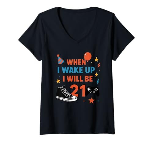 Damen Wenn ich aufwache, werde ich 21, einundzwanzigjähriger Geburtstagsspieler T-Shirt mit V-Ausschnitt Damen Wenn ich aufwache, werde ich 21, einundzwanzigjähriger Geburtstagsspieler T-Shirt mit V-Ausschnitt von When i Wake Up I Will Be