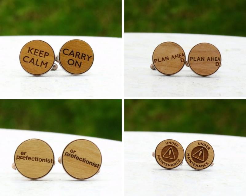 Plan Ahead - Perfektionist Keep Calm Unter Wartung Laser Geschnittene Manschettenknöpfe Aus Holz Bronze/Kupfer/Zinn/Silber Oder Gunmetal von WhenAdamMetEve