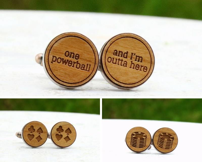 Powerball Lotto - Kasino Laser Geschnittene Manschettenknöpfe Aus Holz Rustikales Hochzeitsaccessoire -Bronze/Kupfer/Zinn/Silber Und Gunmetal von WhenAdamMetEve