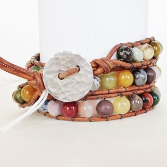 Custom Edelstein Wickelarmband 1-Single, 2-Double, 3-Triple, 4 & 5 Wraps Mixed Perlen Braun Echtleder Sterling Silber Button Custom Edelstein Wickelarmband 1-Single, 2-Double, 3-Triple, 4 & 5 Wraps Mixed Perlen Braun Echtleder Sterling Silber Button von WhidbeyDesign
