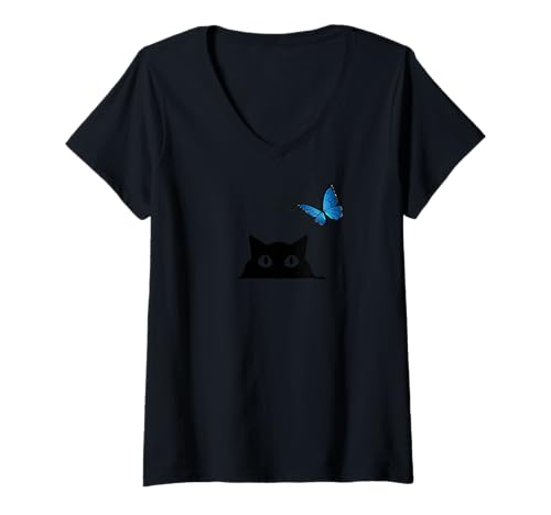 Damen Süße Katze und Blauer Schmetterling T-Shirt mit V-Ausschnitt Damen Süße Katze und Blauer Schmetterling T-Shirt mit V-Ausschnitt von Whimsical Animal Art