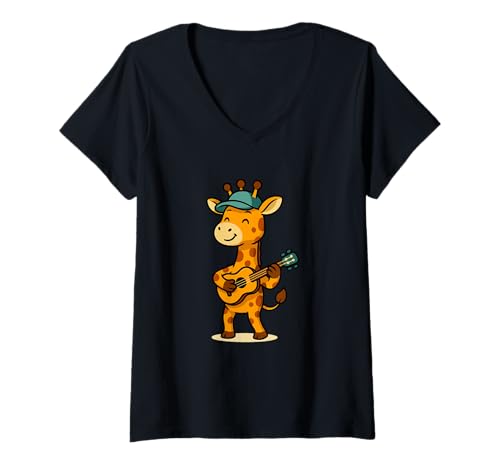 Damen Niedliche Giraffe spielt Gitarre Illustration für Musikliebhaber T-Shirt mit V-Ausschnitt Damen Niedliche Giraffe spielt Gitarre Illustration für Musikliebhaber T-Shirt mit V-Ausschnitt von Whimsical Animal Music Artworks
