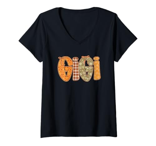 Damen Gigi Niedliche Herbstschleife Schriftzug Kunst T-Shirt mit V-Ausschnitt Damen Gigi Niedliche Herbstschleife Schriftzug Kunst T-Shirt mit V-Ausschnitt von Whimsical Autumn Floral Patterns