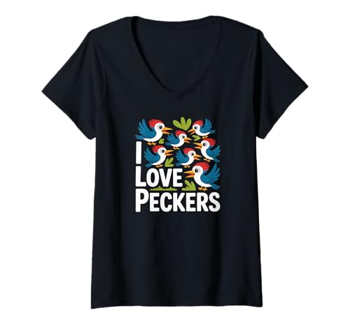 Damen Ich Liebe Peckers Lustige skurrile Vögel T-Shirt mit V-Ausschnitt Damen Ich Liebe Peckers Lustige skurrile Vögel T-Shirt mit V-Ausschnitt von Whimsical Bird Lovers Funny Humor
