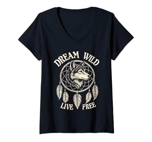 Damen Traumfänger Boho Indianer Stil Wolf Geist Tier T-Shirt mit V-Ausschnitt Damen Traumfänger Boho Indianer Stil Wolf Geist Tier T-Shirt mit V-Ausschnitt von Whimsical Bohemian Dreamcatcher Spiritual Festival