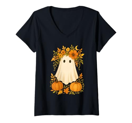 Damen Niedliche Blumengeister-Kürbisse Cottagecore Halloween T-Shirt mit V-Ausschnitt Damen Niedliche Blumengeister-Kürbisse Cottagecore Halloween T-Shirt mit V-Ausschnitt von Whimsical Boho Ghost Witchy Kawaii Harvest Design