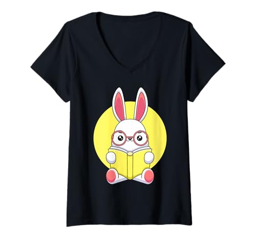 Damen Niedliches Buchhasen-Design T-Shirt mit V-Ausschnitt Damen Niedliches Buchhasen-Design T-Shirt mit V-Ausschnitt von Whimsical Bunny Designs