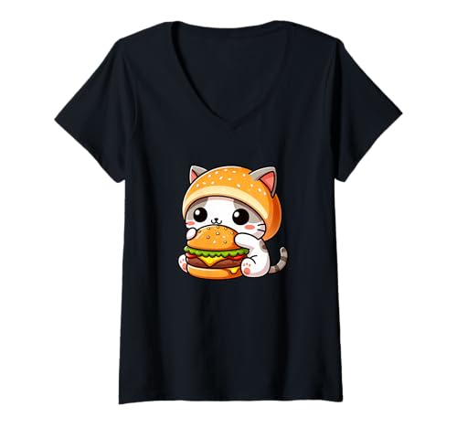 Damen Süßes Katzen-Burger-Liebhaber, lustiges Fast-Food-Design T-Shirt mit V-Ausschnitt Damen Süßes Katzen-Burger-Liebhaber, lustiges Fast-Food-Design T-Shirt mit V-Ausschnitt von Whimsical Cat Burger Characters Fast Food Lovers
