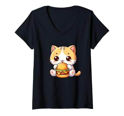 Damen Süße Katze Cartoon Burger Liebe Fast Food Joy T-Shirt mit V-Ausschnitt Damen Süße Katze Cartoon Burger Liebe Fast Food Joy T-Shirt mit V-Ausschnitt von Whimsical Cat Burger Delight Designs