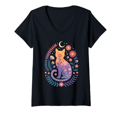 Damen Charmantes Cottagecore-Katzendesign mit Blumenmuster für Damen T-Shirt mit V-Ausschnitt Damen Charmantes Cottagecore-Katzendesign mit Blumenmuster für Damen T-Shirt mit V-Ausschnitt von Whimsical Cat Lovers Boutique Apparel Collection