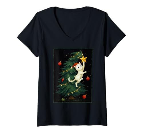 Damen Niedliche Katze, fallende Weihnachtsbaum, Kätzchen, lustiges Weihnachten T-Shirt mit V-Ausschnitt Damen Niedliche Katze, fallende Weihnachtsbaum, Kätzchen, lustiges Weihnachten T-Shirt mit V-Ausschnitt von Whimsical Christmas Kitten Cat Lover Design