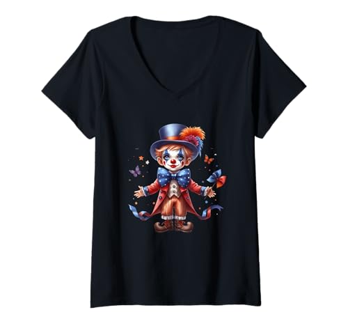 Damen Charmanter Clown Fröhlicher Zirkuscharakter T-Shirt mit V-Ausschnitt Damen Charmanter Clown Fröhlicher Zirkuscharakter T-Shirt mit V-Ausschnitt von Whimsical Circus Clowns Festive Fun