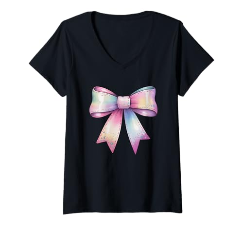 Damen Pastellfarbener Regenbogen-Schleifenanhänger T-Shirt mit V-Ausschnitt von Whimsical Colorful Pastel Bow Design