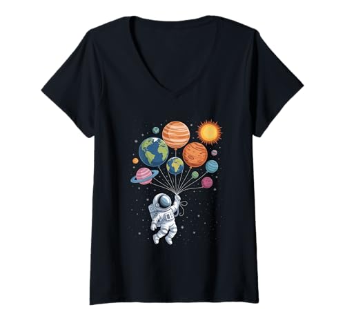 Damen Lustiger Astronaut hält Planet Luftballons Weltraum Kunst T-Shirt mit V-Ausschnitt Damen Lustiger Astronaut hält Planet Luftballons Weltraum Kunst T-Shirt mit V-Ausschnitt von Whimsical Cosmic Drawing Kids Galaxy Fans