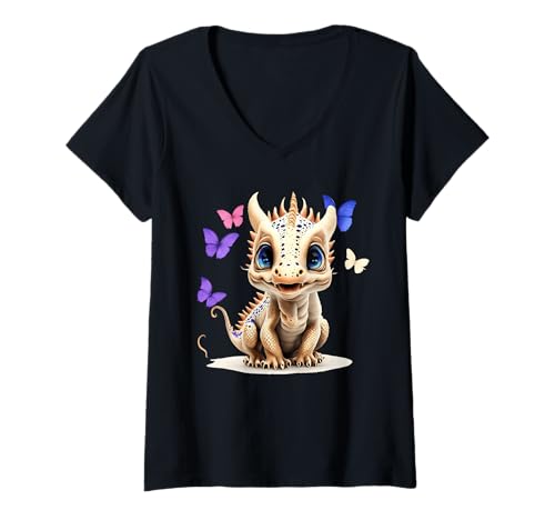 Damen Niedlicher Drache mit blauen Augen und lila Schmetterlingen für Kinder T-Shirt mit V-Ausschnitt Damen Niedlicher Drache mit blauen Augen und lila Schmetterlingen für Kinder T-Shirt mit V-Ausschnitt von Whimsical Dragon Clothing For Kids Cute Gaphic