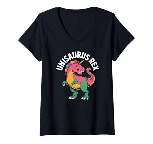Damen Unisaurus Rex Dinosaurier Einhorn Fantasy Magic T-Shirt mit V-Ausschnitt von Whimsical Fantasy Dinosaur Unicorn Magic