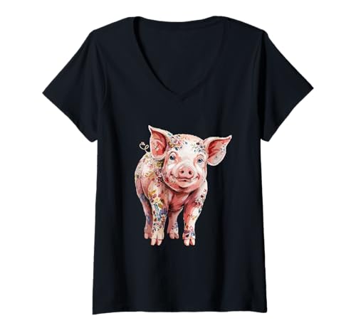 Damen Florales Ferkel, skurriles Bauernhof-Tierkunst T-Shirt mit V-Ausschnitt Damen Florales Ferkel, skurriles Bauernhof-Tierkunst T-Shirt mit V-Ausschnitt von Whimsical Floral Piglet Fantasy Art