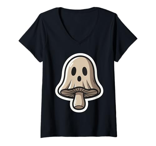 Damen Mushroom Ghost Gruseliges Cottagecore-Halloween T-Shirt mit V-Ausschnitt Damen Mushroom Ghost Gruseliges Cottagecore-Halloween T-Shirt mit V-Ausschnitt von Whimsical Fungi Spirit Men Women Kids Collective