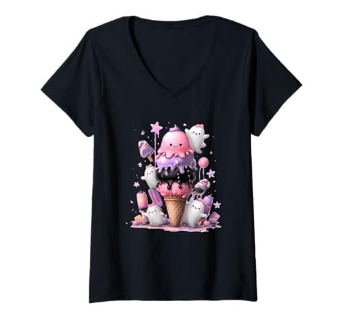 Damen Süßes Geistereis-Genuss süße Pastellkreiden T-Shirt mit V-Ausschnitt Damen Süßes Geistereis-Genuss süße Pastellkreiden T-Shirt mit V-Ausschnitt von Whimsical Ghost Ice Cream Sweet Treats