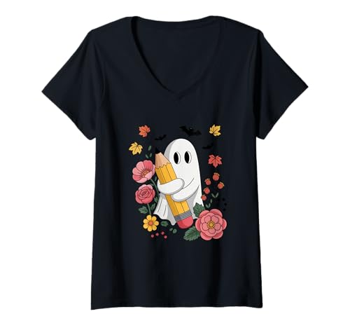 Damen Geist mit Bleistift umarmt Kreativität T-Shirt mit V-Ausschnitt von Whimsical Ghost Pencil Floral Art Expression