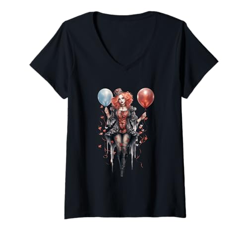 Damen Whimsical Gothic Clown with Balloons T-Shirt mit V-Ausschnitt Damen Whimsical Gothic Clown with Balloons T-Shirt mit V-Ausschnitt von Whimsical Gothic Carnival Fantasy Art