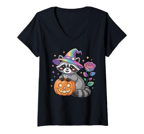 Damen Süßer Halloween Kawaii Waschbär Kürbis Regenbogen Hexenhut Rose T-Shirt mit V-Ausschnitt Damen Süßer Halloween Kawaii Waschbär Kürbis Regenbogen Hexenhut Rose T-Shirt mit V-Ausschnitt von Whimsical Halloween Animal Art Apparel Co.