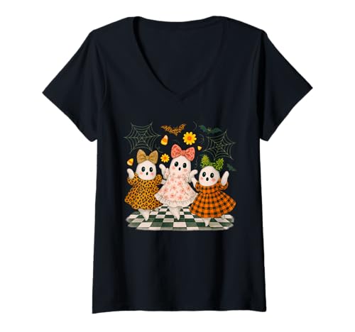 Damen Niedliche tanzende Kokette Geister Halloween Herbst Design T-Shirt mit V-Ausschnitt Damen Niedliche tanzende Kokette Geister Halloween Herbst Design T-Shirt mit V-Ausschnitt von Whimsical Halloween Collective