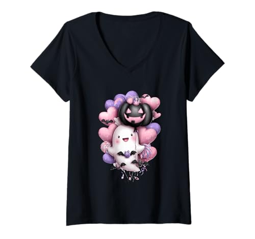 Damen Niedlicher Halloween-Geisterballon in Pastell-Herzen T-Shirt mit V-Ausschnitt Damen Niedlicher Halloween-Geisterballon in Pastell-Herzen T-Shirt mit V-Ausschnitt von Whimsical Halloween Kawaii Ghost Pumpkins Bats