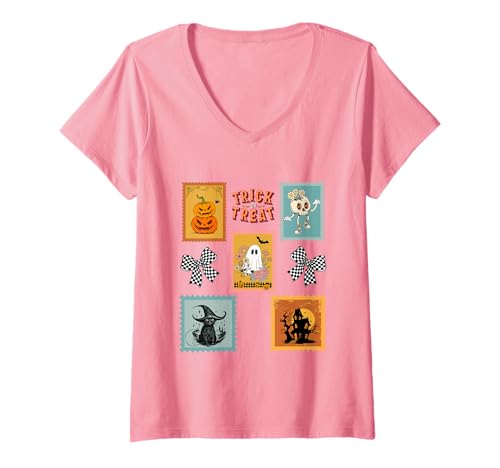 Damen Retro Halloween Briefmarken Collage T-Shirt mit V-Ausschnitt Damen Retro Halloween Briefmarken Collage T-Shirt mit V-Ausschnitt von Whimsical Halloween