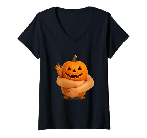 Damen Lustige Kürbisumarmung mit menschlichen Armen Halloween T-Shirt mit V-Ausschnitt Damen Lustige Kürbisumarmung mit menschlichen Armen Halloween T-Shirt mit V-Ausschnitt von Whimsical Jack-O’-Lantern Illustration with Humor