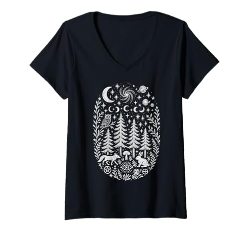 Damen Wicca-Volkskunst, Wald, kosmische Natur, Mystische Sterne, Grafik T-Shirt mit V-Ausschnitt Damen Wicca-Volkskunst, Wald, kosmische Natur, Mystische Sterne, Grafik T-Shirt mit V-Ausschnitt von Whimsical Mystic Grove Cosmic Folk Art Apparel