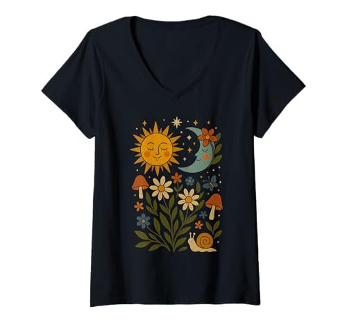 Damen Boho Cottagecore Folk Garden Sonne Mond Harmonie Design T-Shirt mit V-Ausschnitt Damen Boho Cottagecore Folk Garden Sonne Mond Harmonie Design T-Shirt mit V-Ausschnitt von Whimsical Nature Designs for Peaceful Souls